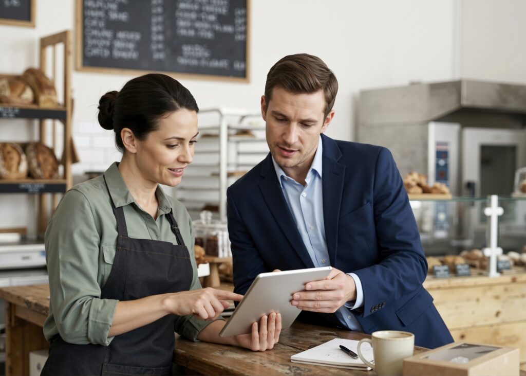 Small business owner and consultant discussing funding on a tablet. Male professional in suit and female baker in apron reviewing data in a bakery. Teamwork and financial planning concept